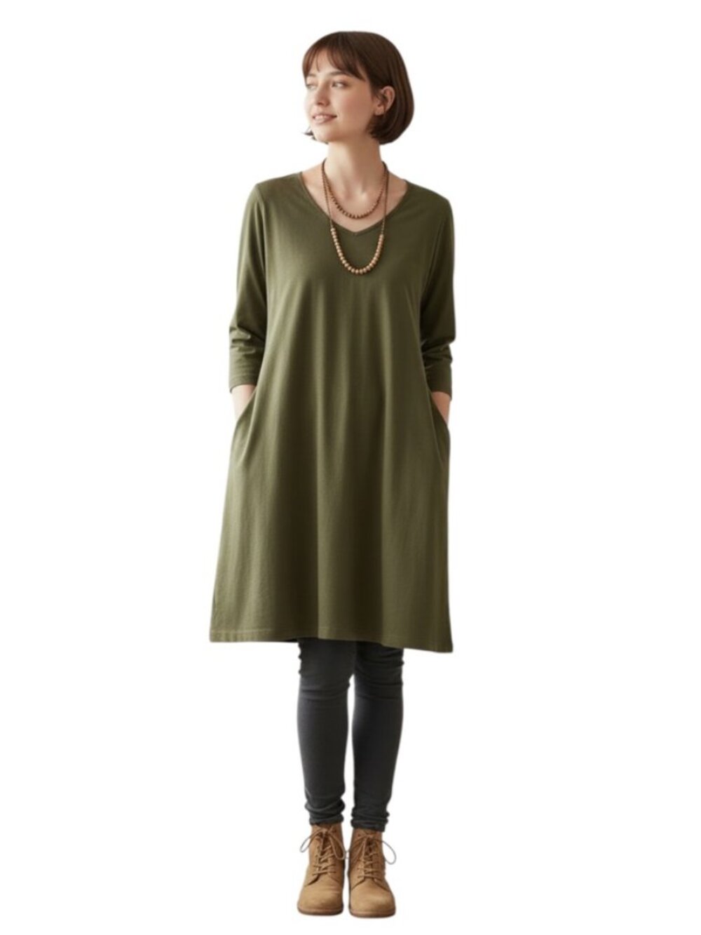 Ulla Popken Olive Green Cotton V-Neck Tunic Dress Plus 16/18 Pockets Lagenlook